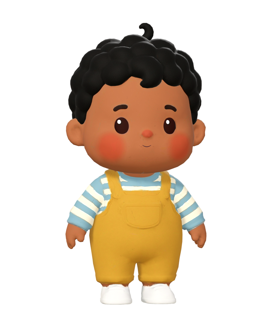 A toddler boy in yellow dungarees