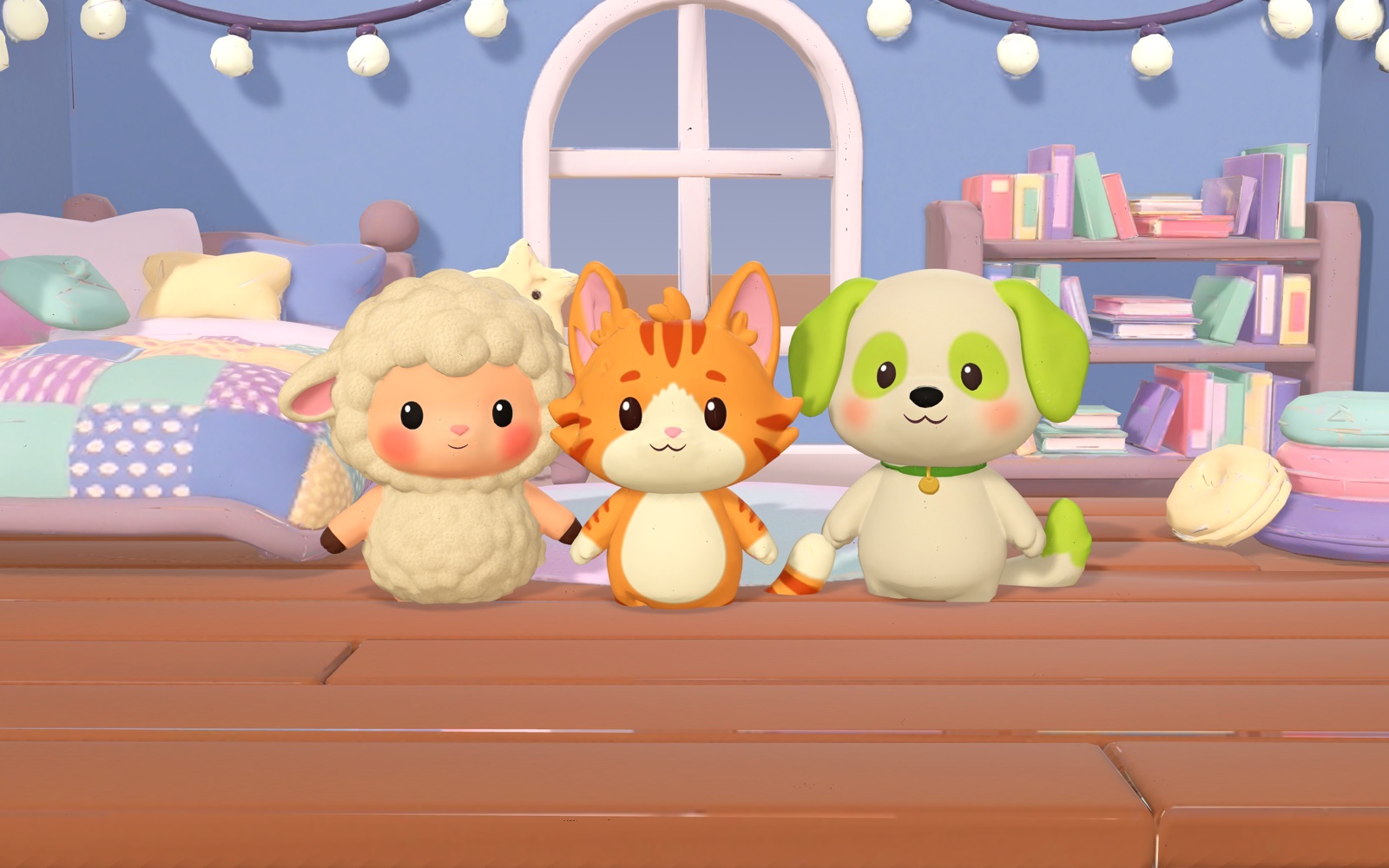 Puff, Peeko and Coco in a cosy bedroom with fairy lights