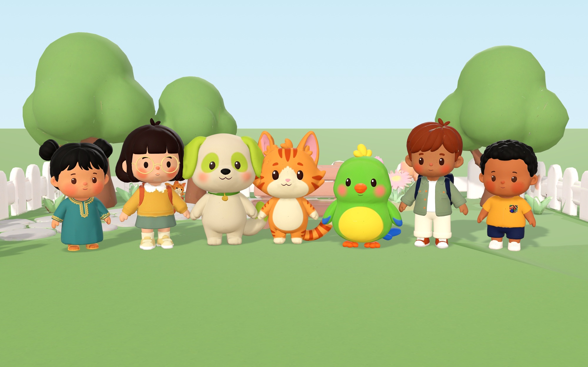 Peeko the ginger cat with Lina, Sami, Coco, Kiwi and two little friends from around the world in the 3D garden park